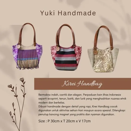 Kartu produk Kirei Handbag, tiga tas tangan kain tenun, batik dan ecoprint dengan pegangan kulit cokelat