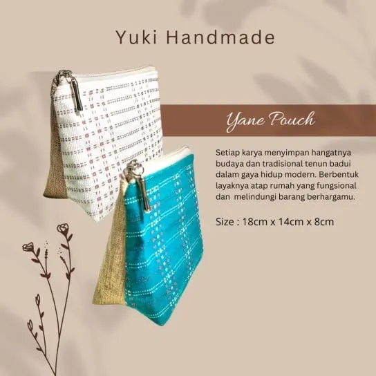 Kartu produk Yane Pouch, dua pouch tenun putih dan biru toska berbentuk atap dengan sisi goni