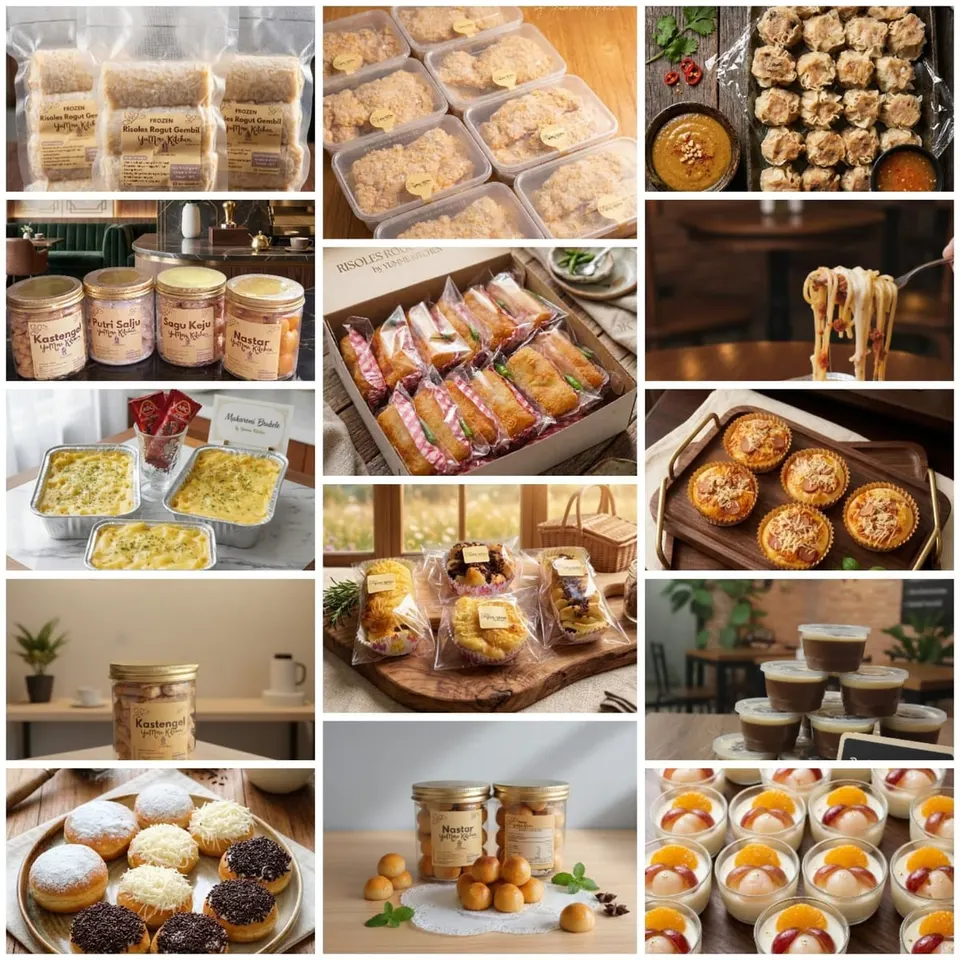 Kolase produk Yumme Kitchen: risoles beku, kue kering dalam toples, makaroni panggang, siomay, donat dan puding cup